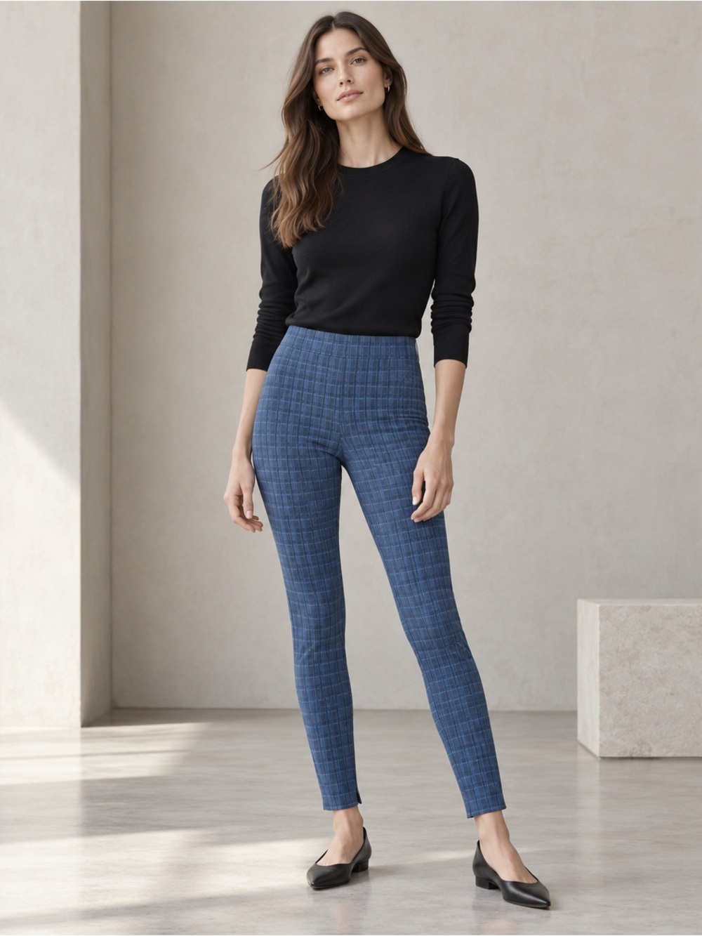 THEORY Skinny Leggings PETITE XS KB Grid Scuba Pants Women's‎ Blue Plaid Stretch
